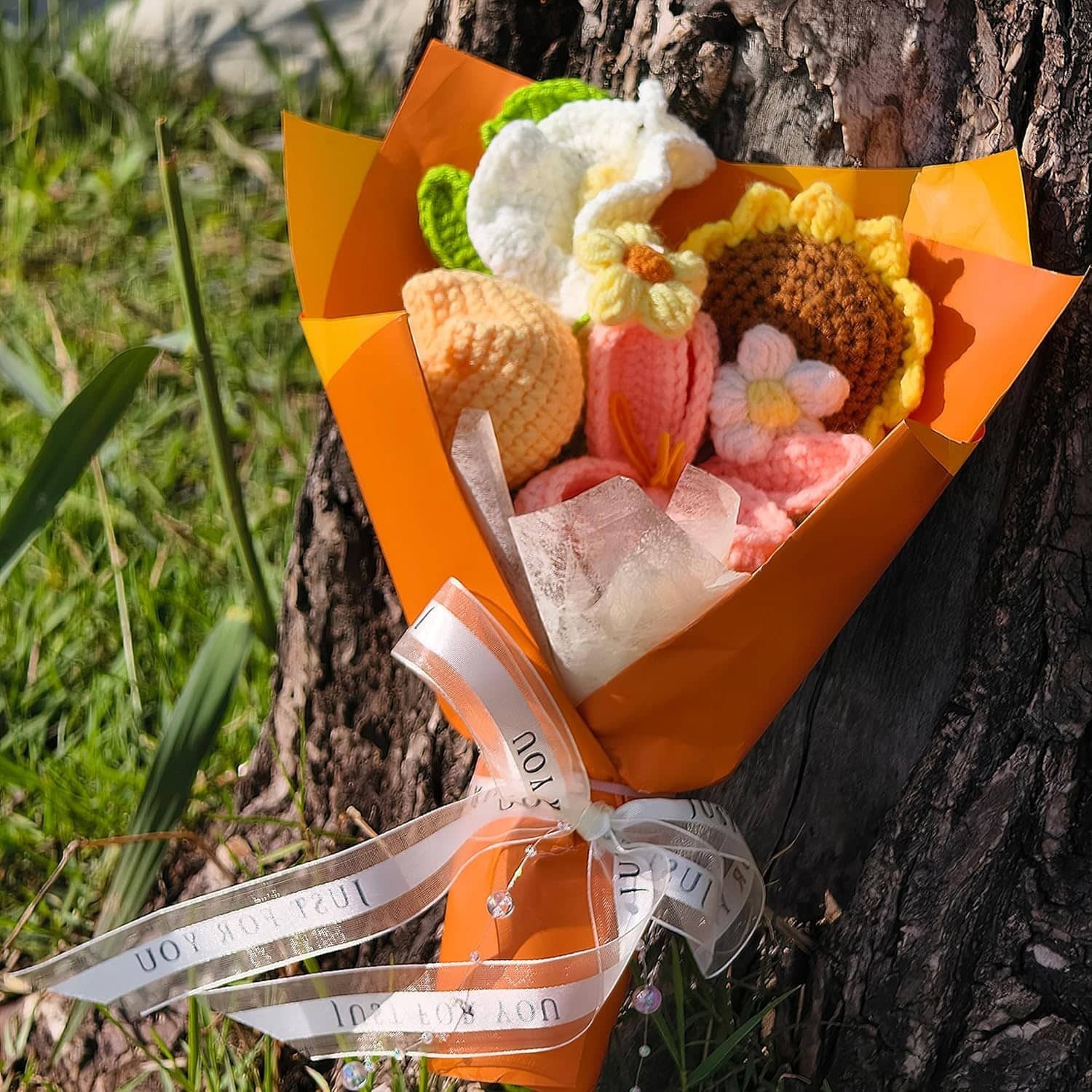 Handmade Crochet Flower Bouquet Orange Tulip Knitted Bouquet for Birthday