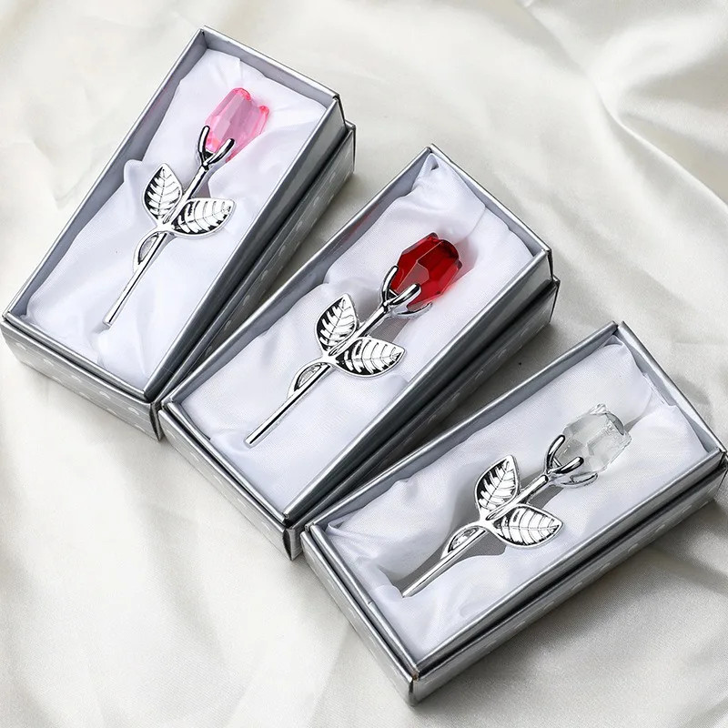 Valentines Day Gift Crystal Glass Rose Artificial Flower Silver Gold Rod Rose