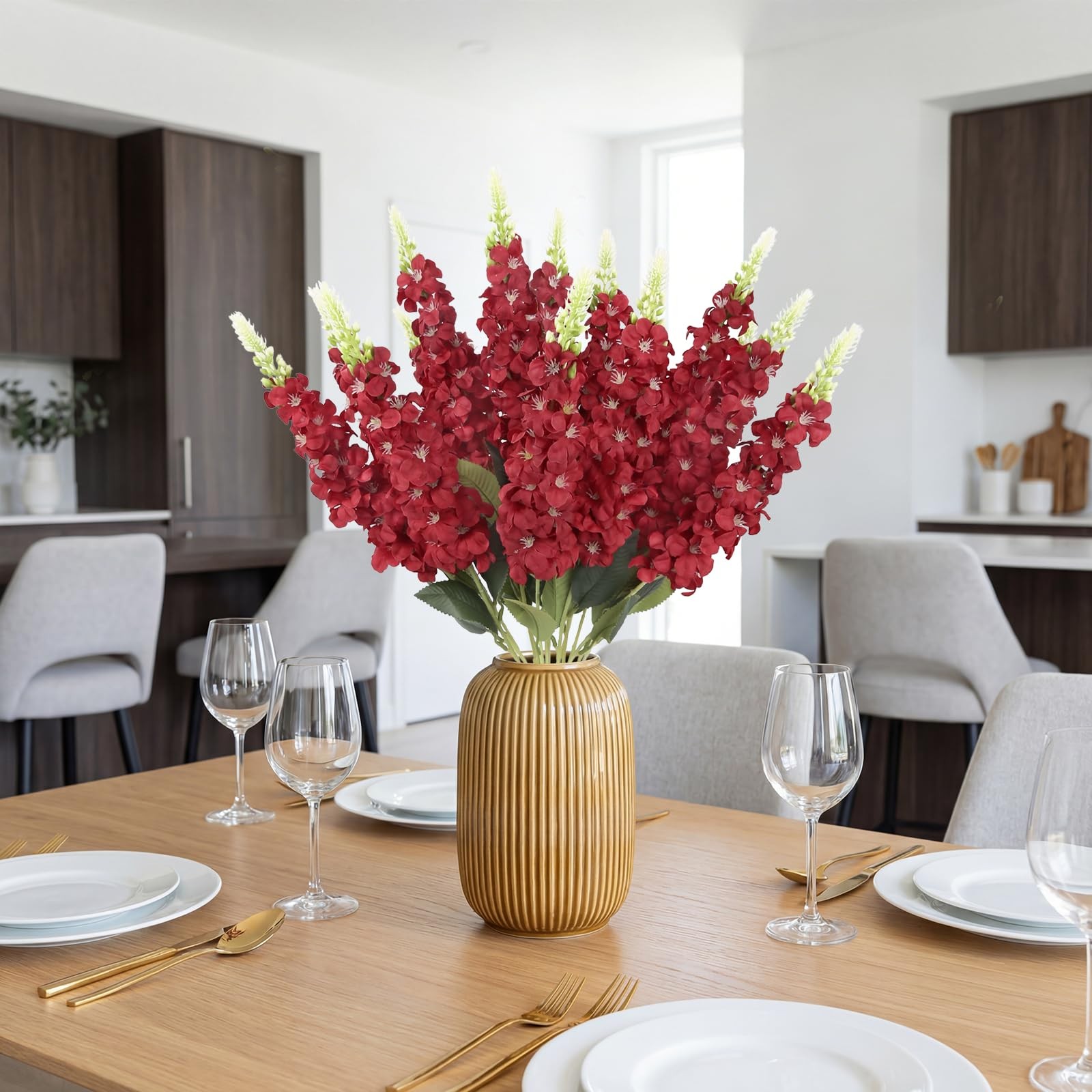 3PCS Artificial Delphinium Flowers Faux Snapdragon 21.65” Fake Hyacinth Red S…
