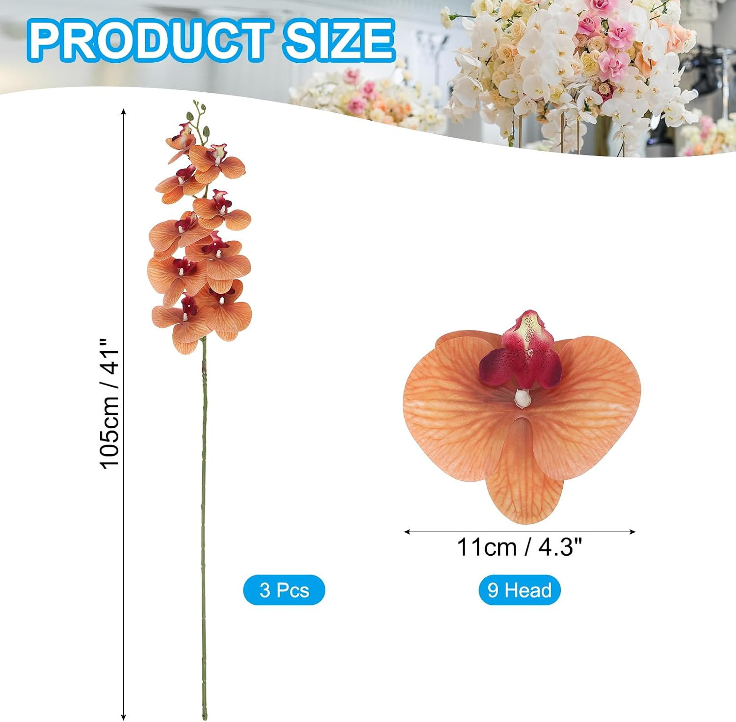 41″ Artificial Orchid Stems – 3 Pack Faux Phalaenopsis Flowers, Dark Yellow