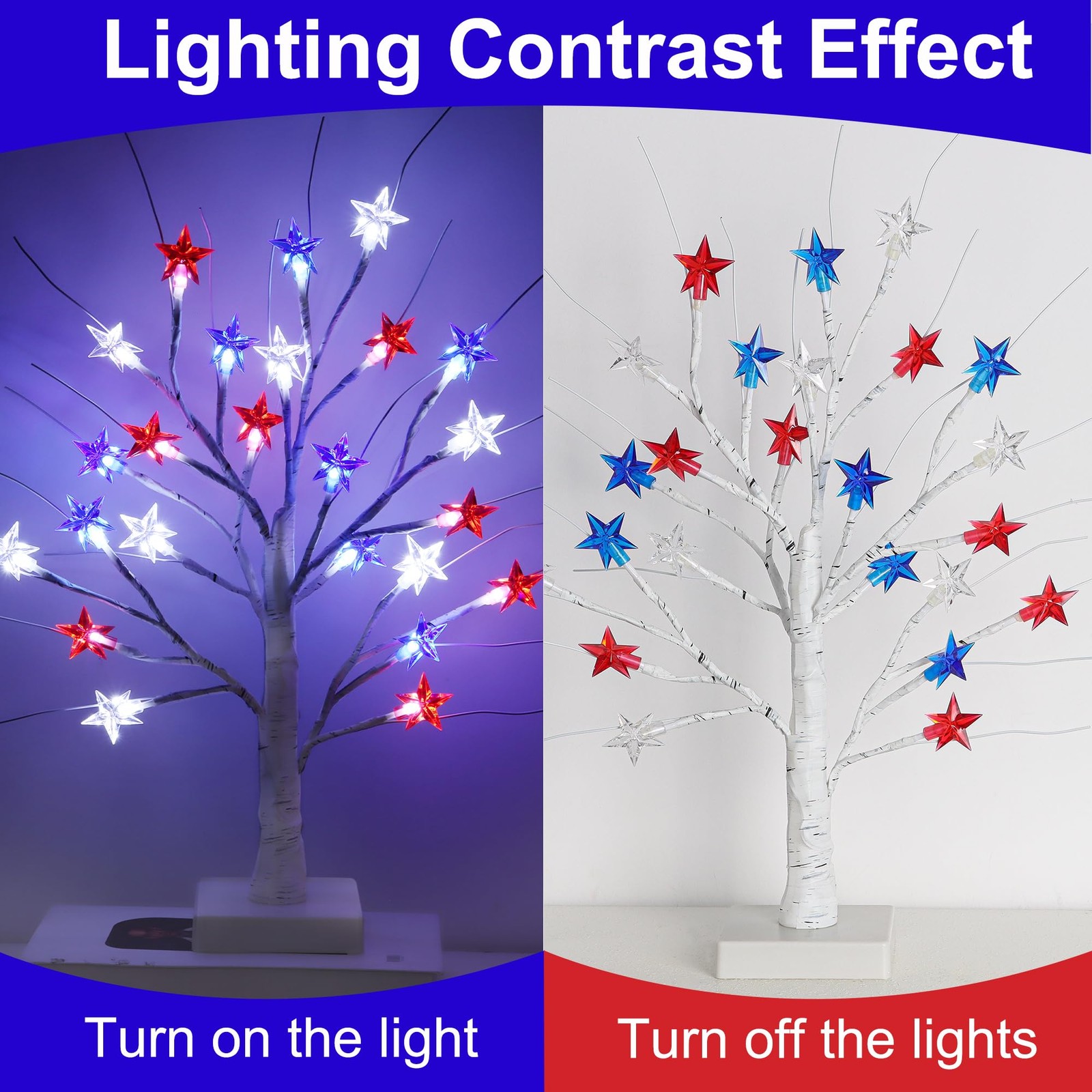 2 Pack 18″ 4th of July Patriotic Tree Lights with 24 LED Red White Blue Star …