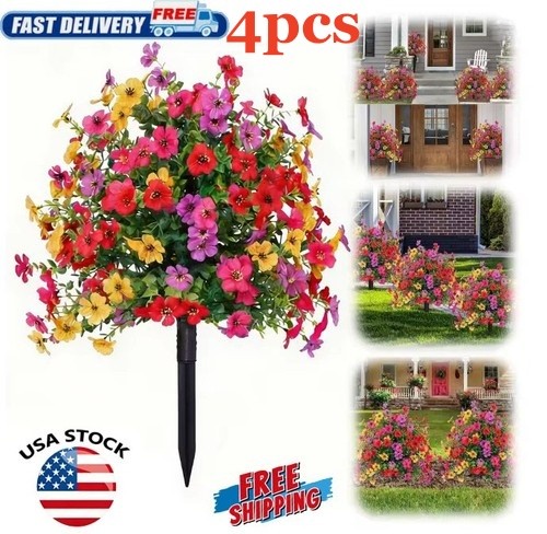 4PCS Artificial Violet Flowers Ground Spike Fake Plants Garden Patio Yard Decor