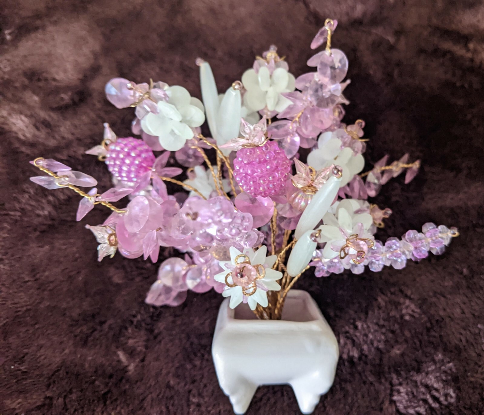 Vintage Plastic Beaded Floral Arrangement On Wire 5″ Tall