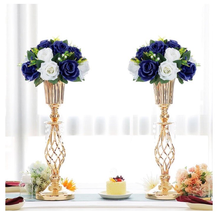 9.5” Floral Centerpiece Navy Blue White Rose Artificial Silk Set Of 2
