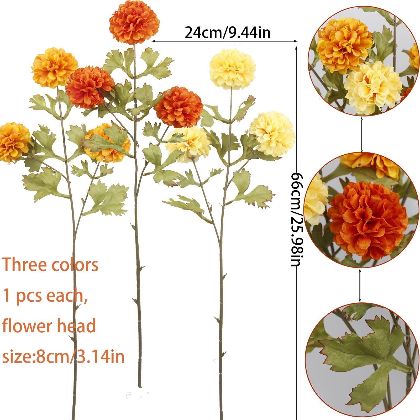 Artificial Marigold Flowers 3 PCS Orange Silk Chrysanthemum Ball Mum Bouquet