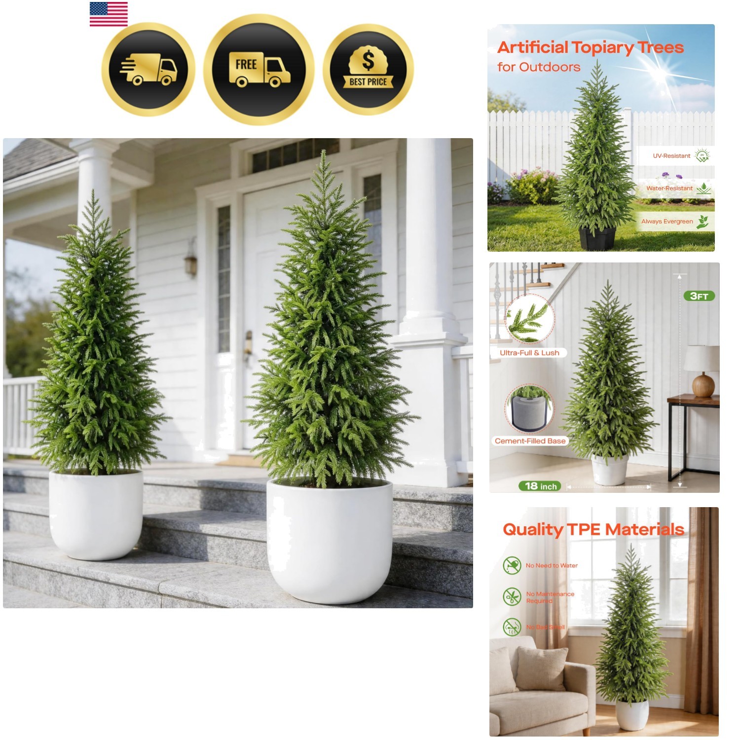 3FT Potted Outdoor Topiary Set of 2, UV Resistant Artificial Outdoor Plants w…