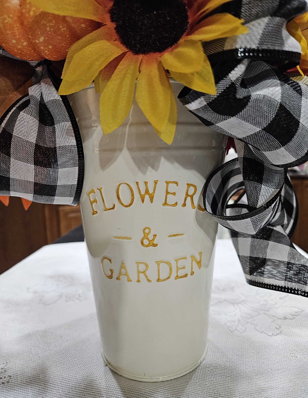 Chic Fall Florals with Ribbons, Bucket Vase, Orange, Cream, Dark Red