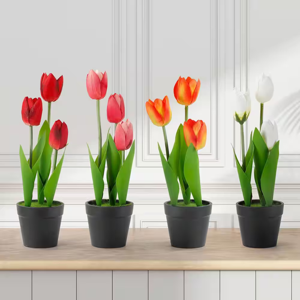 4-Pack Realistic Artificial Tulips 10 In. Multi-Color Artificial Tulips Plant fo