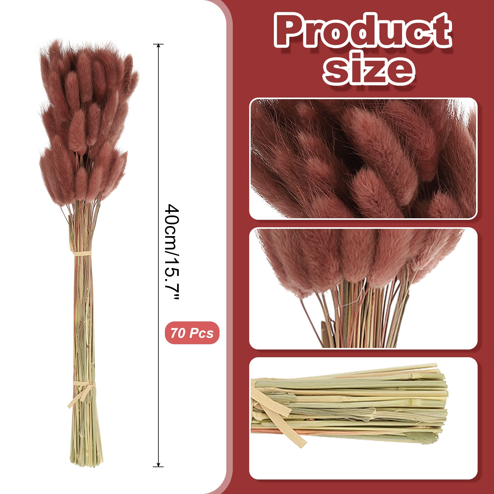 15.7in Bunny Tails Dried Flowers 70pcs Pampas Grass Decor, Brown Red