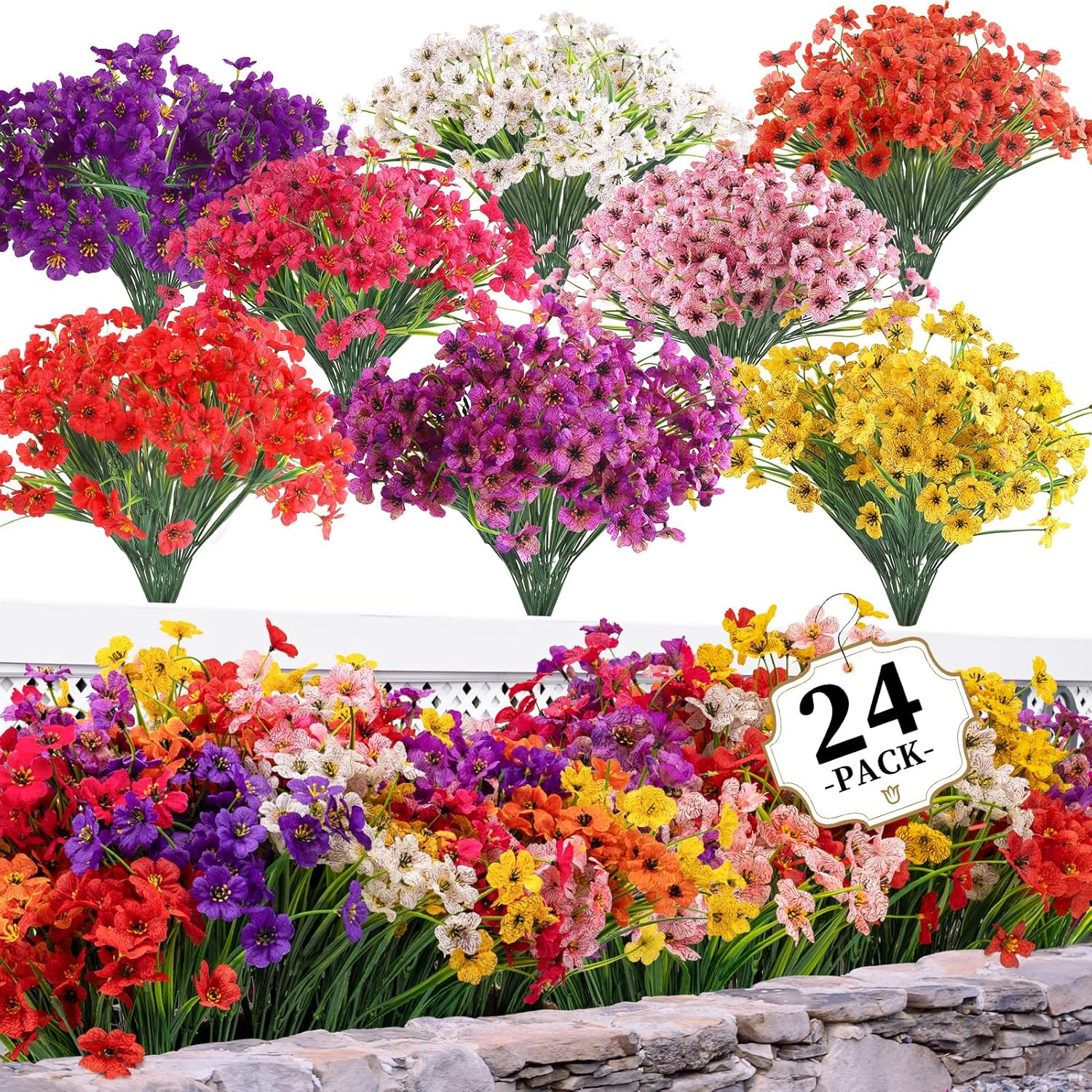 24 Bundles Artificial Flowers for Outdoors/Indoors, Fake Flowers Plants for Indo