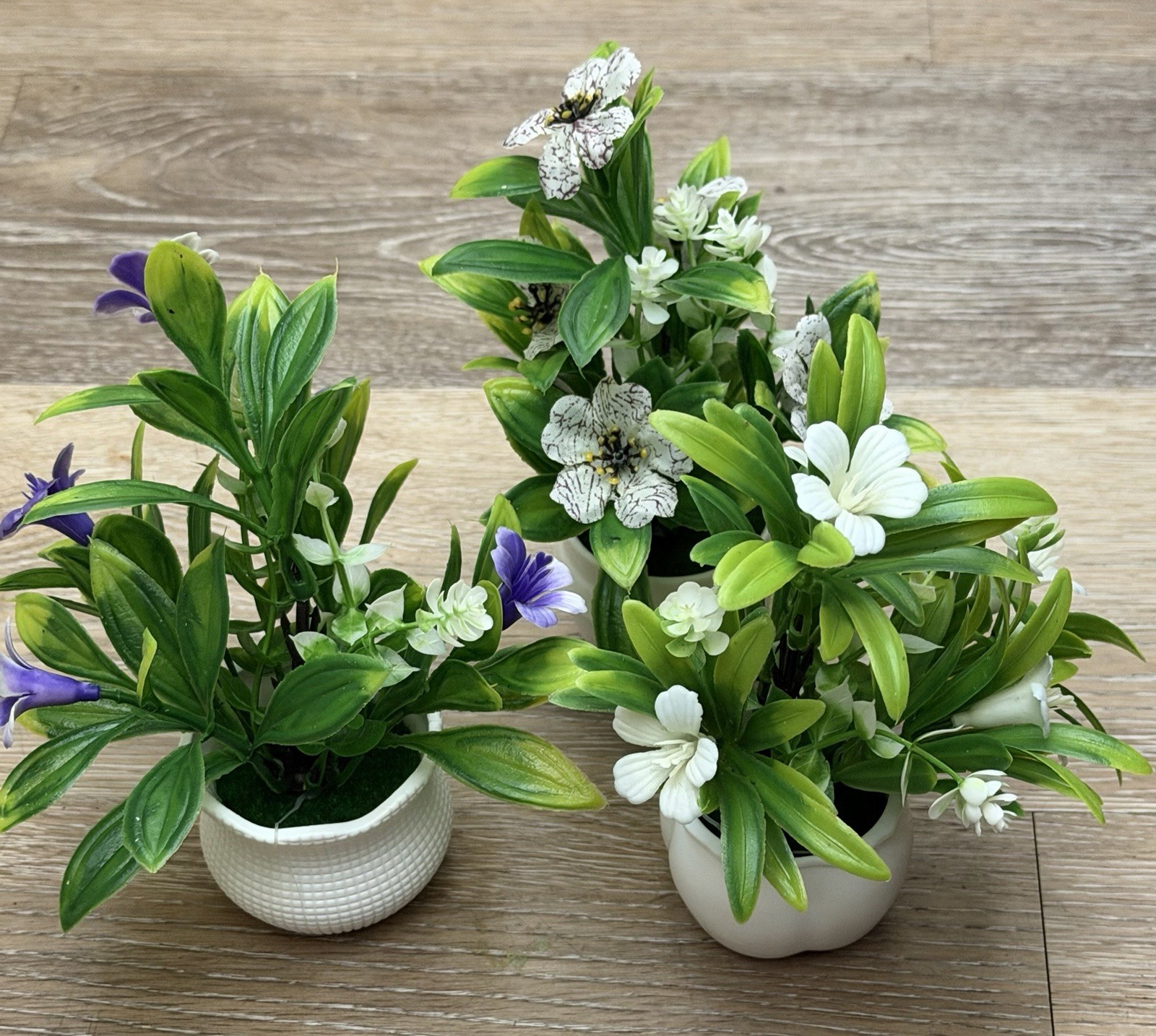 Set of 3 Artificial Flower & Greenery Plants in White Pots – Home Décor (SKU 001