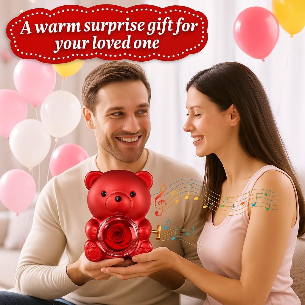 Cute Teddy Bear with Preserved Rose, Double-Heart Necklace, Musical – Serves …