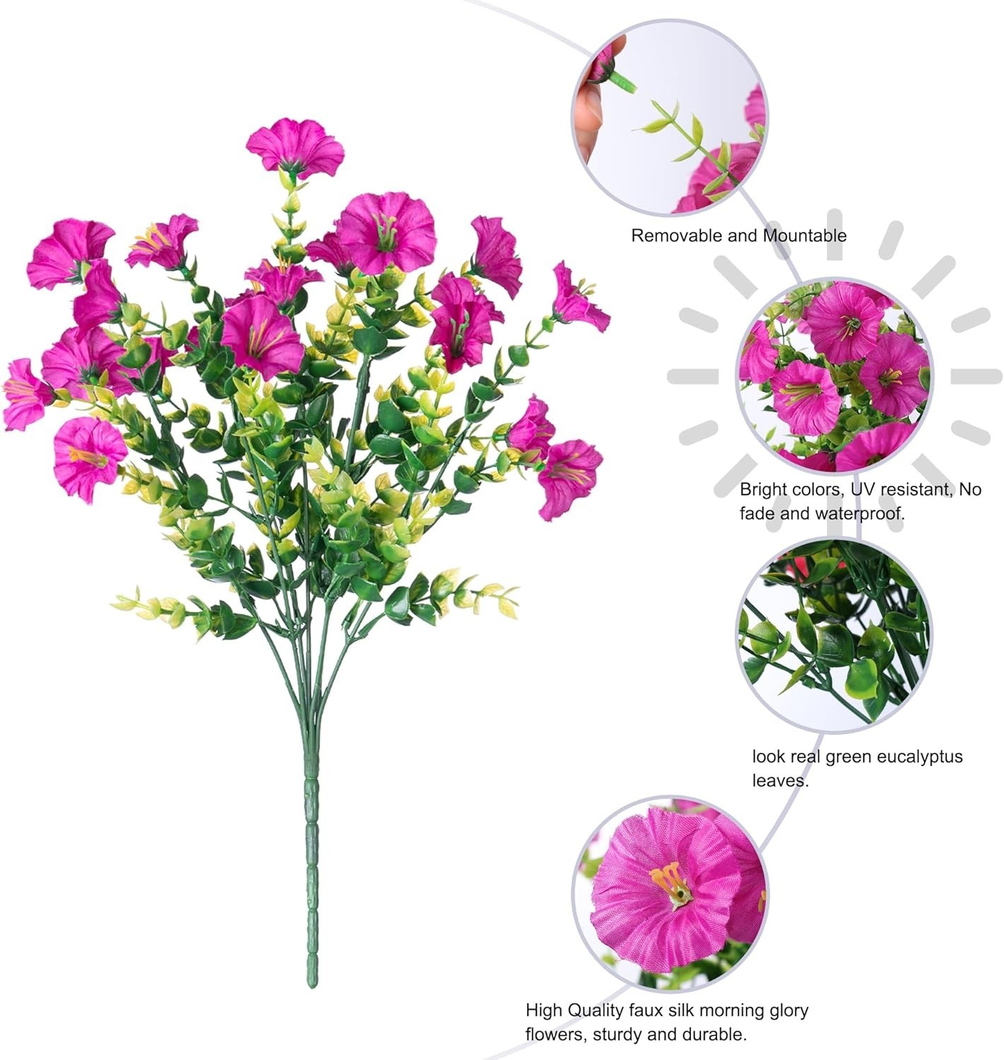 All-Season Artificial Outdoor Flowers – 12 Bundles of Morning Glory & Eucalyptus