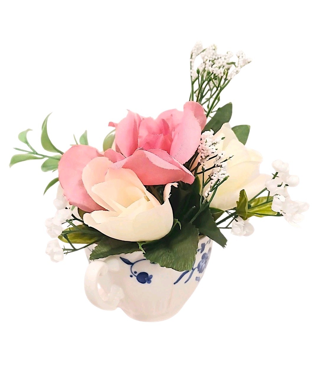 Dainty Pink White Roses Floral Arrangement Tea Party Cup POP-IN Birthday Bridal
