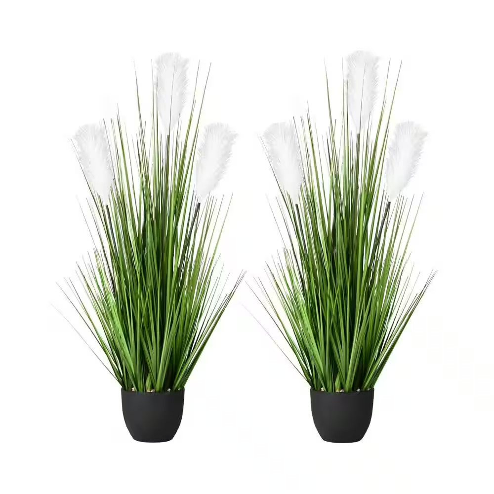 6 In. 2-Pack Green and Beige Artificial Plant Pampas Grass Reed Flower Faux Silk