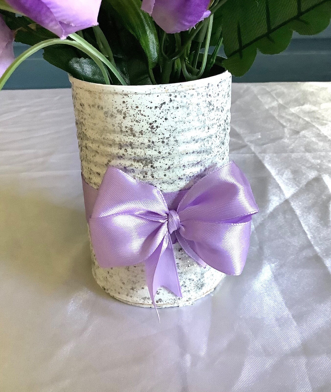 Spring/easter purple tulip centerpiece with glitter and painted upcycled tin can