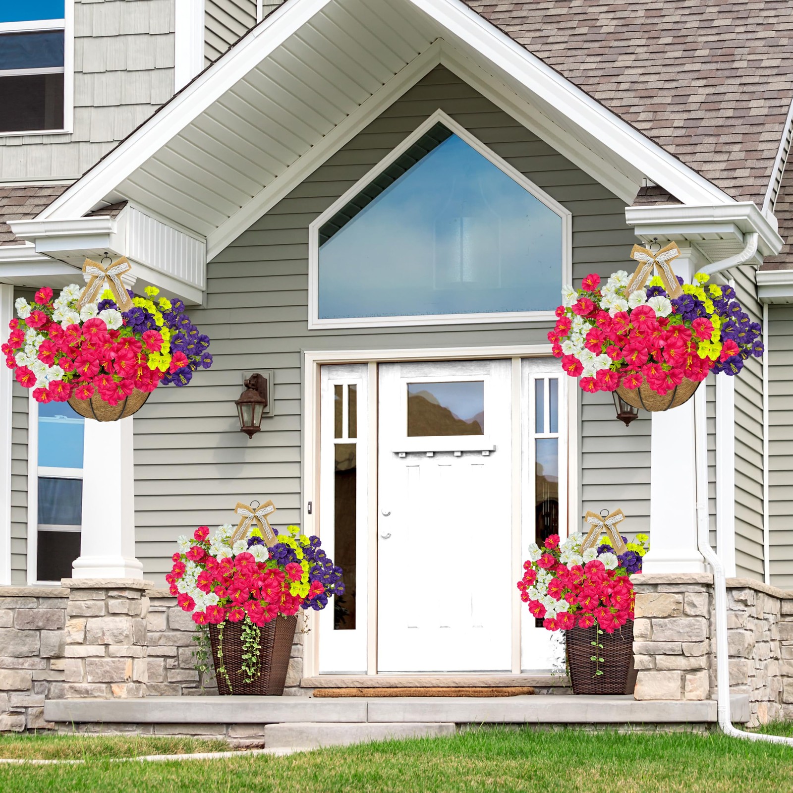 2-Pack Artificial Hanging Flower Baskets with Morning Glory & Linen Bows, Fak…