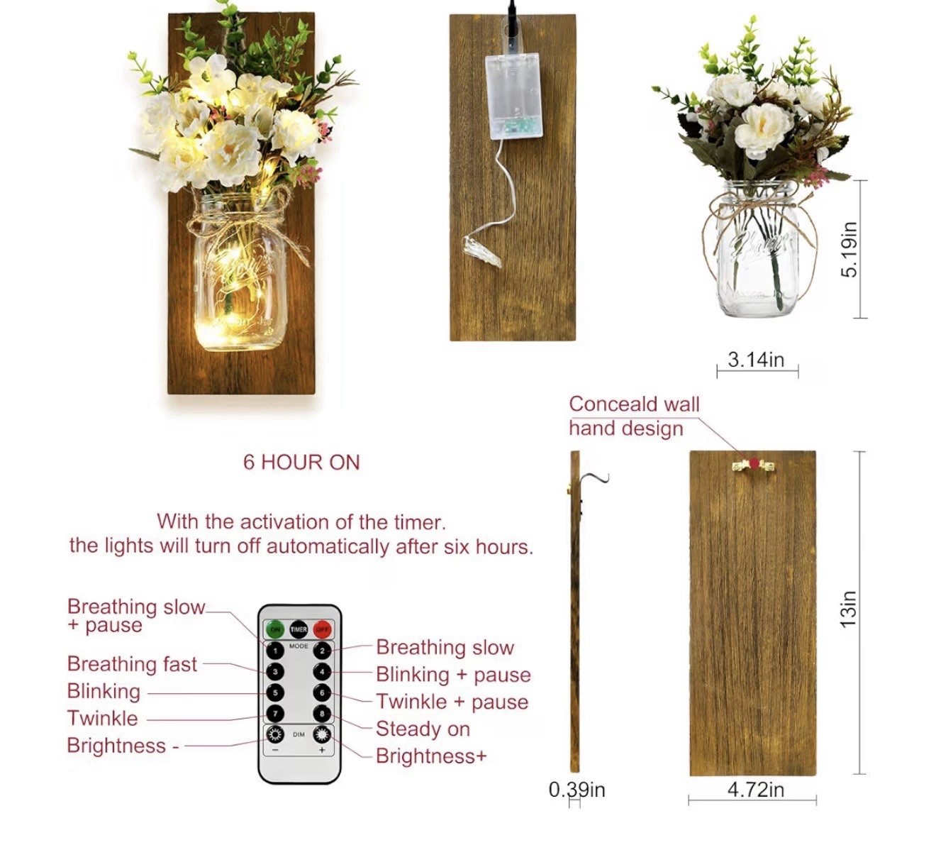 Rustic Mason Jar Wall Sconces with White Flowers Decorative Art Sconces NWT