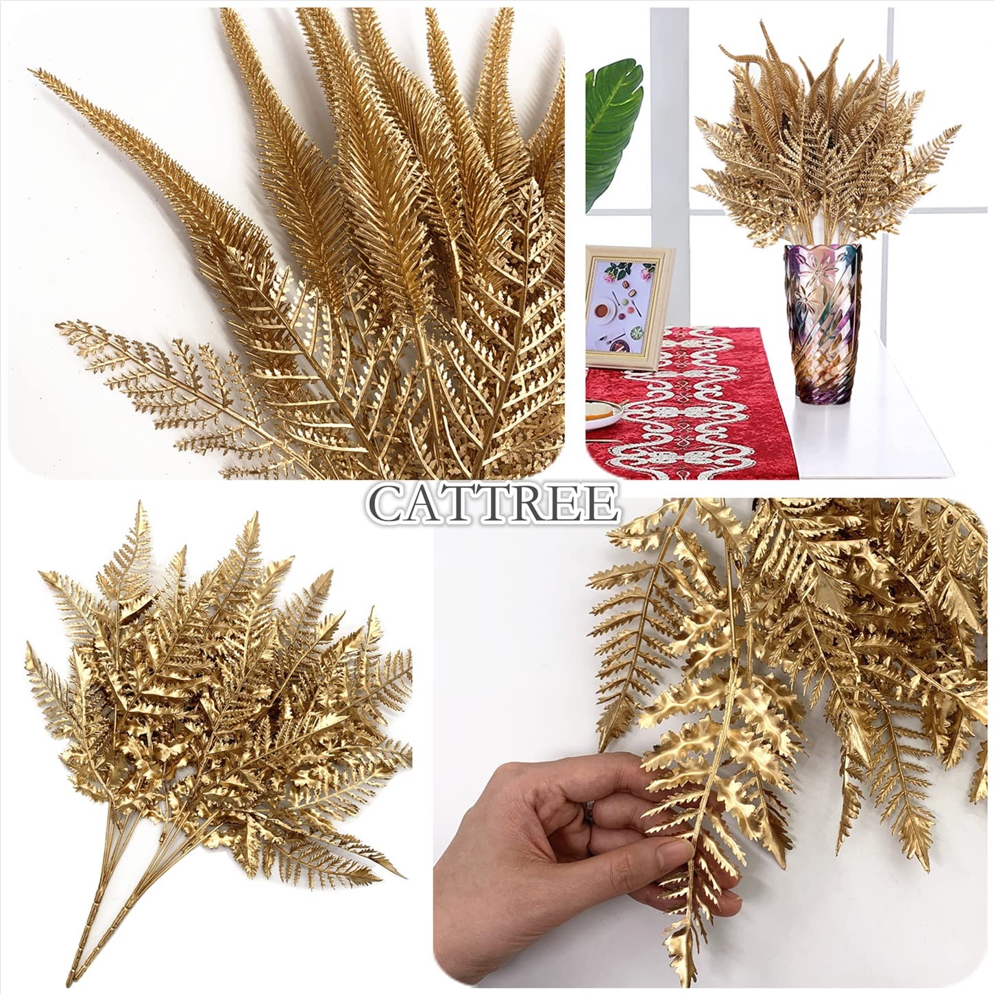 Artificial Golden Flowers Decoration, Plastic Grass Faux Boston Fake Fern Gol…