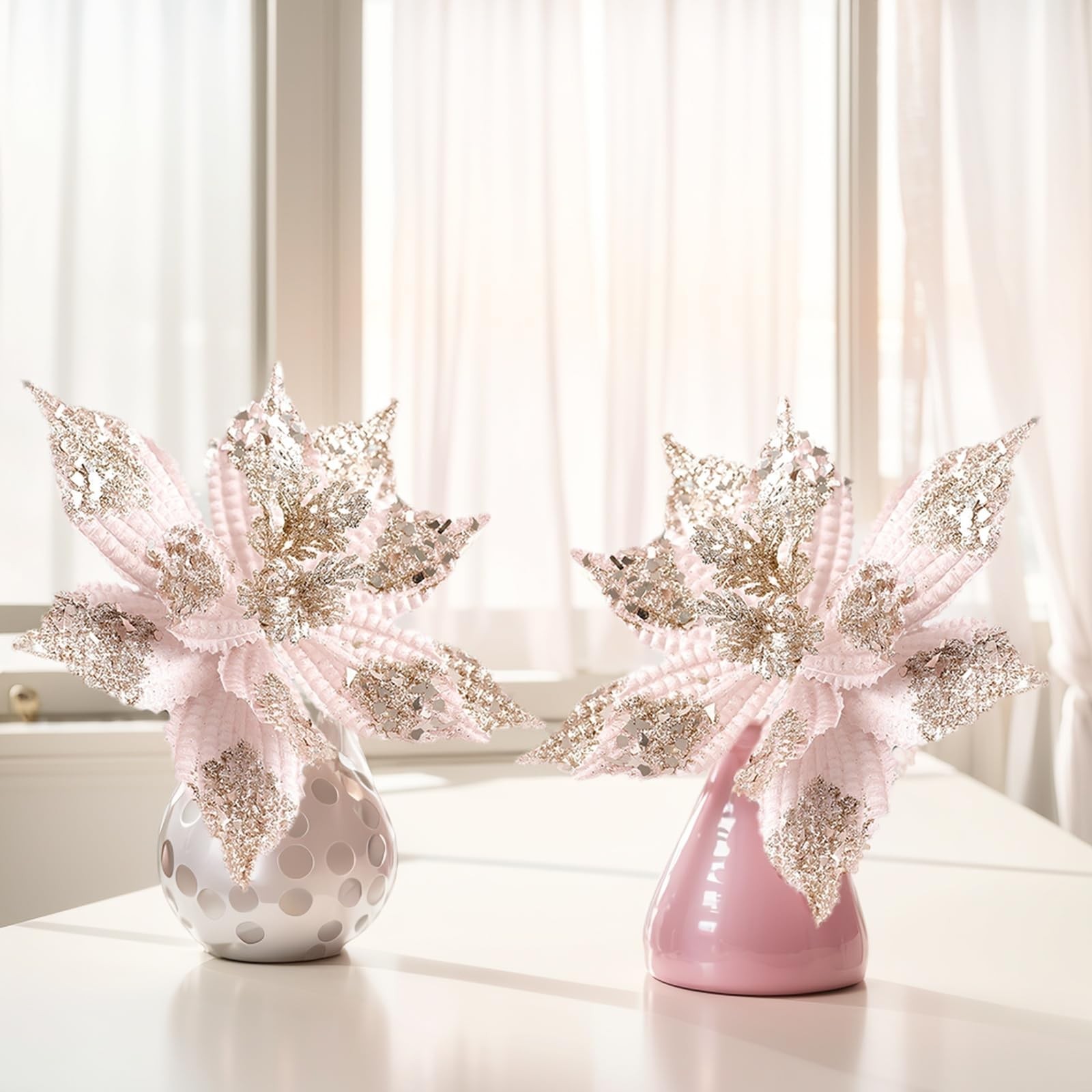 8 PCS Large Glitter Christmas Flowers Poinsettia Artificial 11 Inch Pink