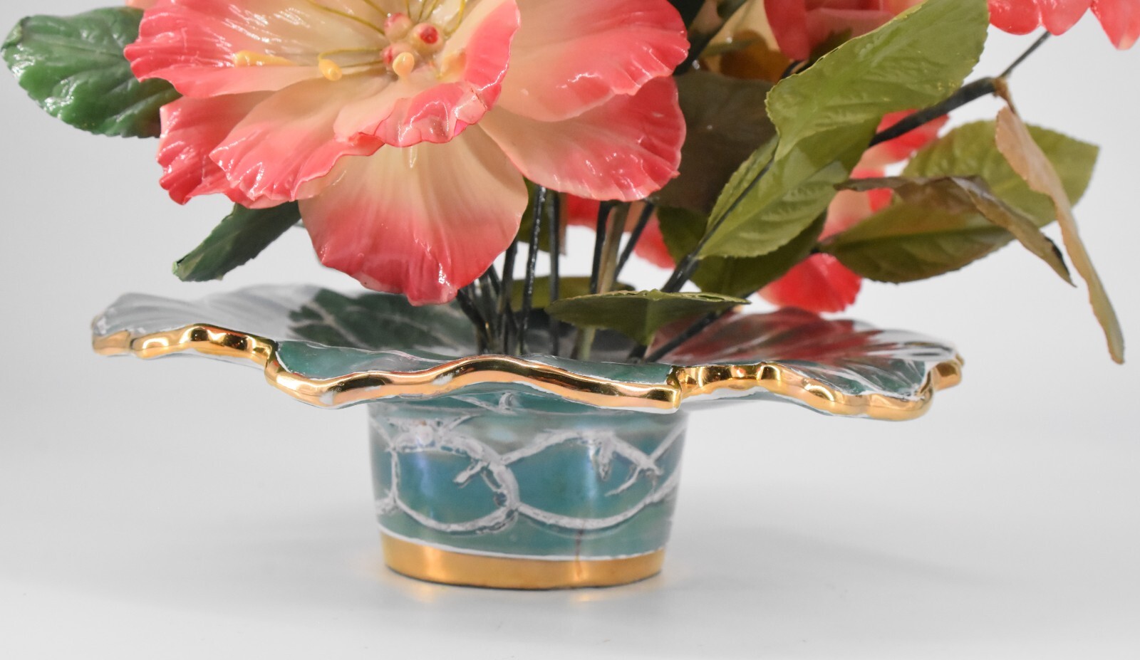 VTG Pink Flower Arrangement Centerpiece Italy Turquoise Gold Ceramic Dish 14″