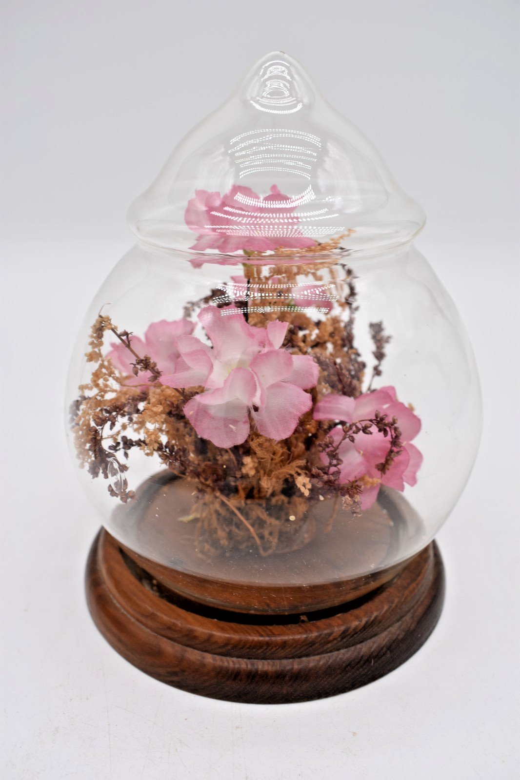 Vtg. Cloche Real/Faux Flowers Pretty Pink Wood/Glass OOAK Tabletop
