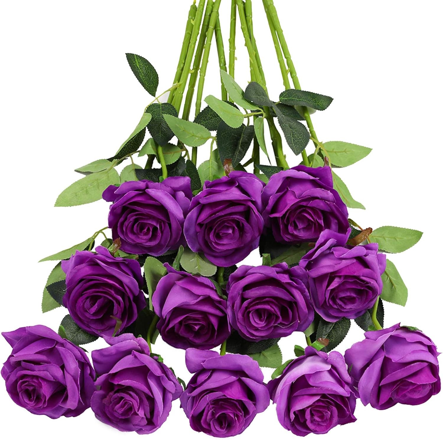 12 Pcs White Roses Long Stem, Artificial Silk Bouquet Wedding DIY