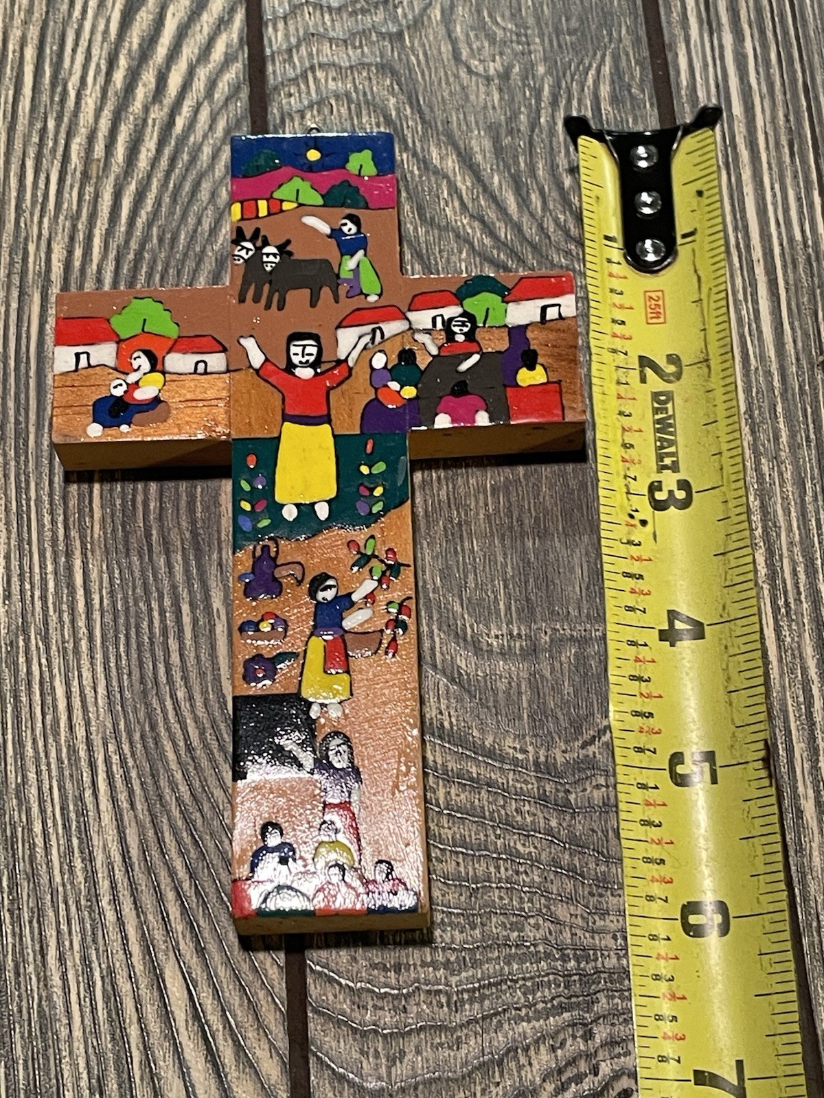 Artisan Hand-painted Wooden Cross Pastoral Scene 6″ Vivid Colors Wall Decor LB
