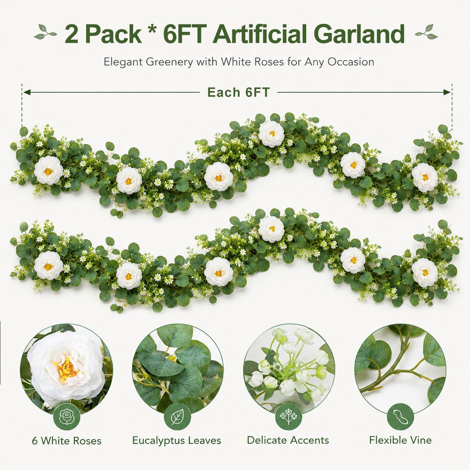 2 Pack Artificial Eucalyptus Garland with White Roses, Total 12FT Flower Gree…