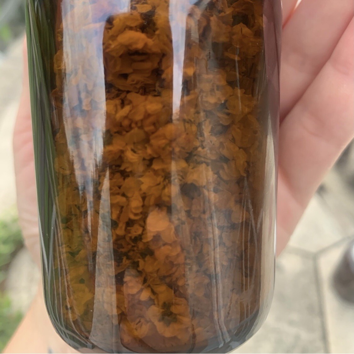 Handmade Floral Decor Centerpiece Amber Glass Bottle Dried Flowers Cottagecore