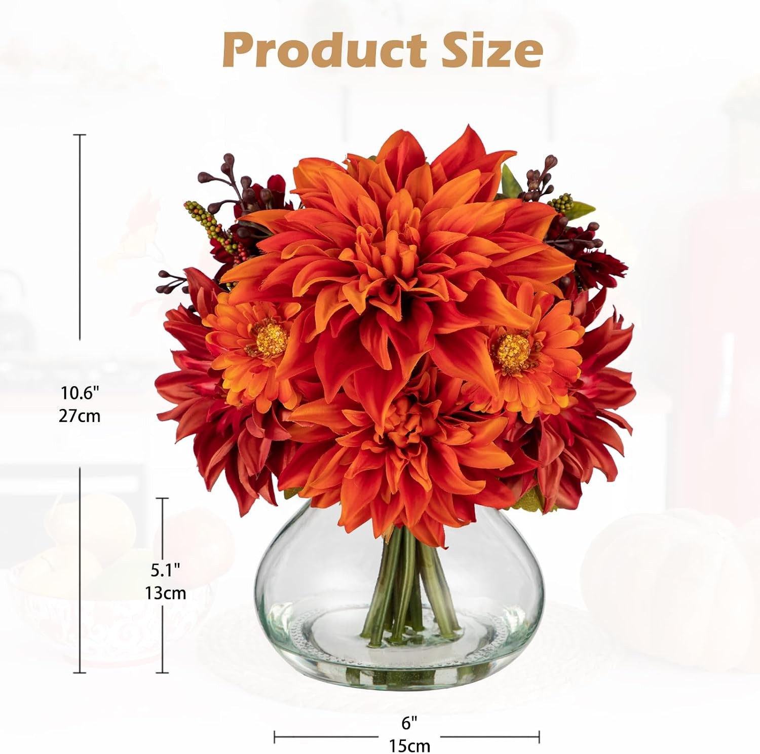 Faux Fall Flowers in Vase, Artificial Dahlia & Mum Silk Floral Arrangement with
