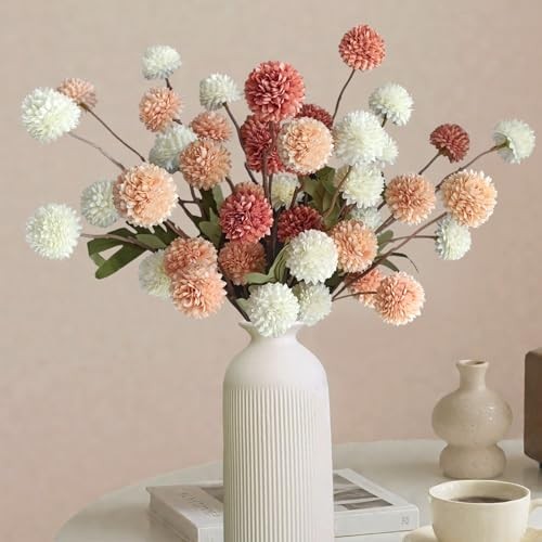 Fake Flowers, Artificial Mums With Long Stems, Faux Pompon Mums 10 Pcs 3 Mixed