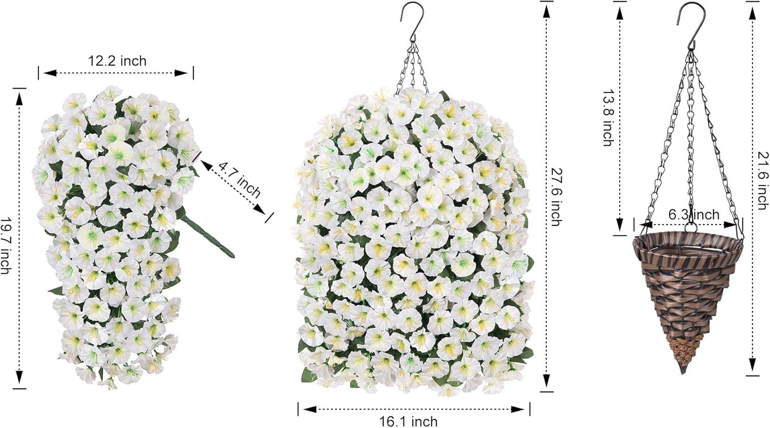 Indoor Outdoor Artificial White Morning Glory Flowers in Stylish Hanging Basket