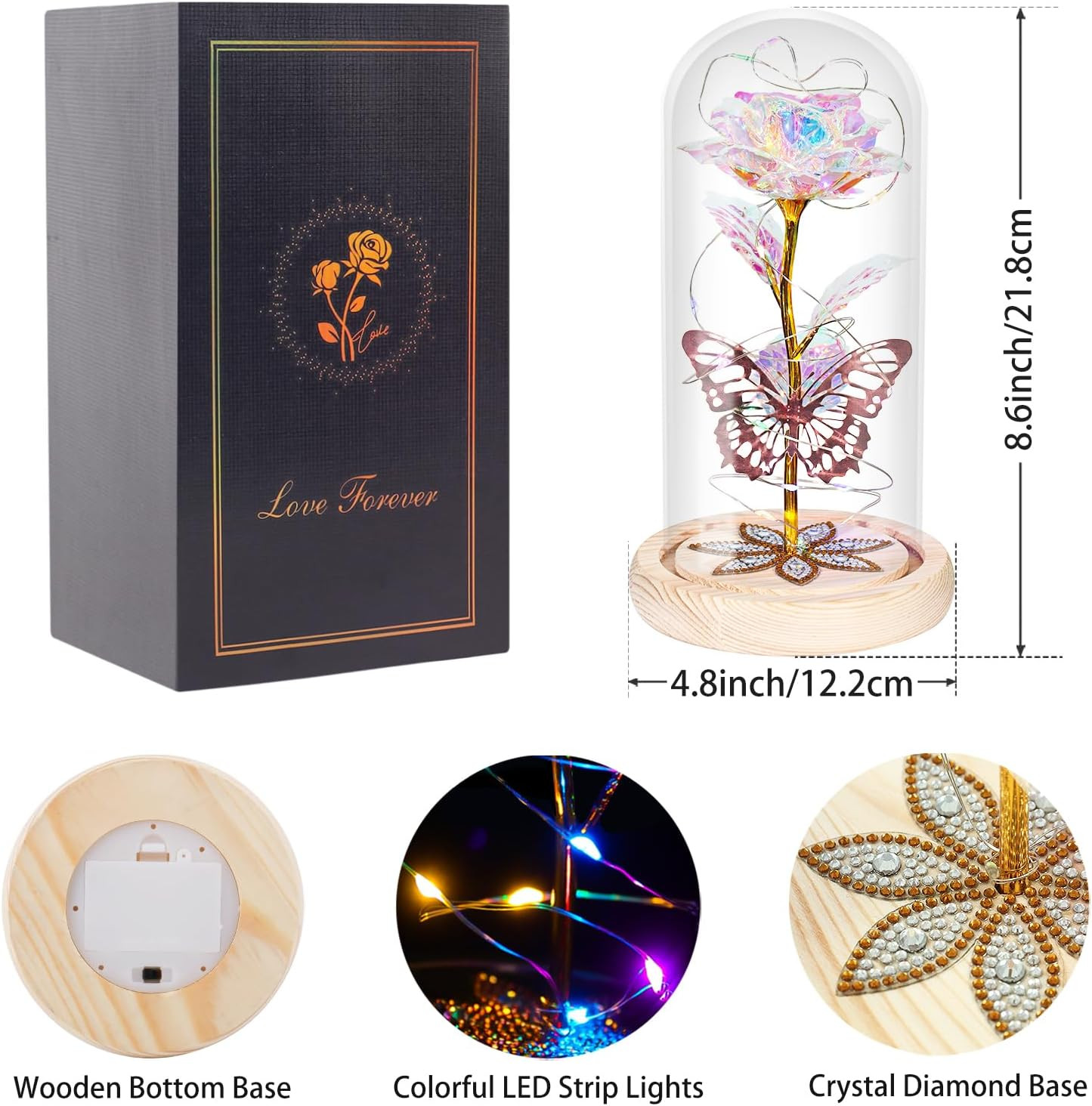 Rosas Artificiales Con Luz LED En Domo De Cristal Regalos Para Cumpleaños Mujer