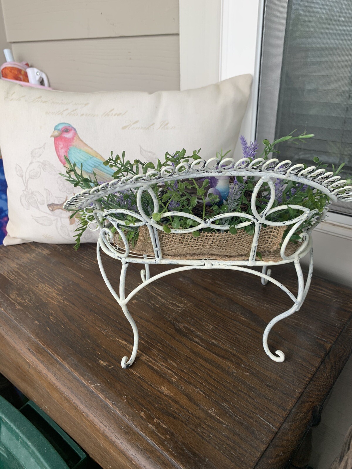 Metal Bench floral Bird Nest Arrangement 14×10 Handmade