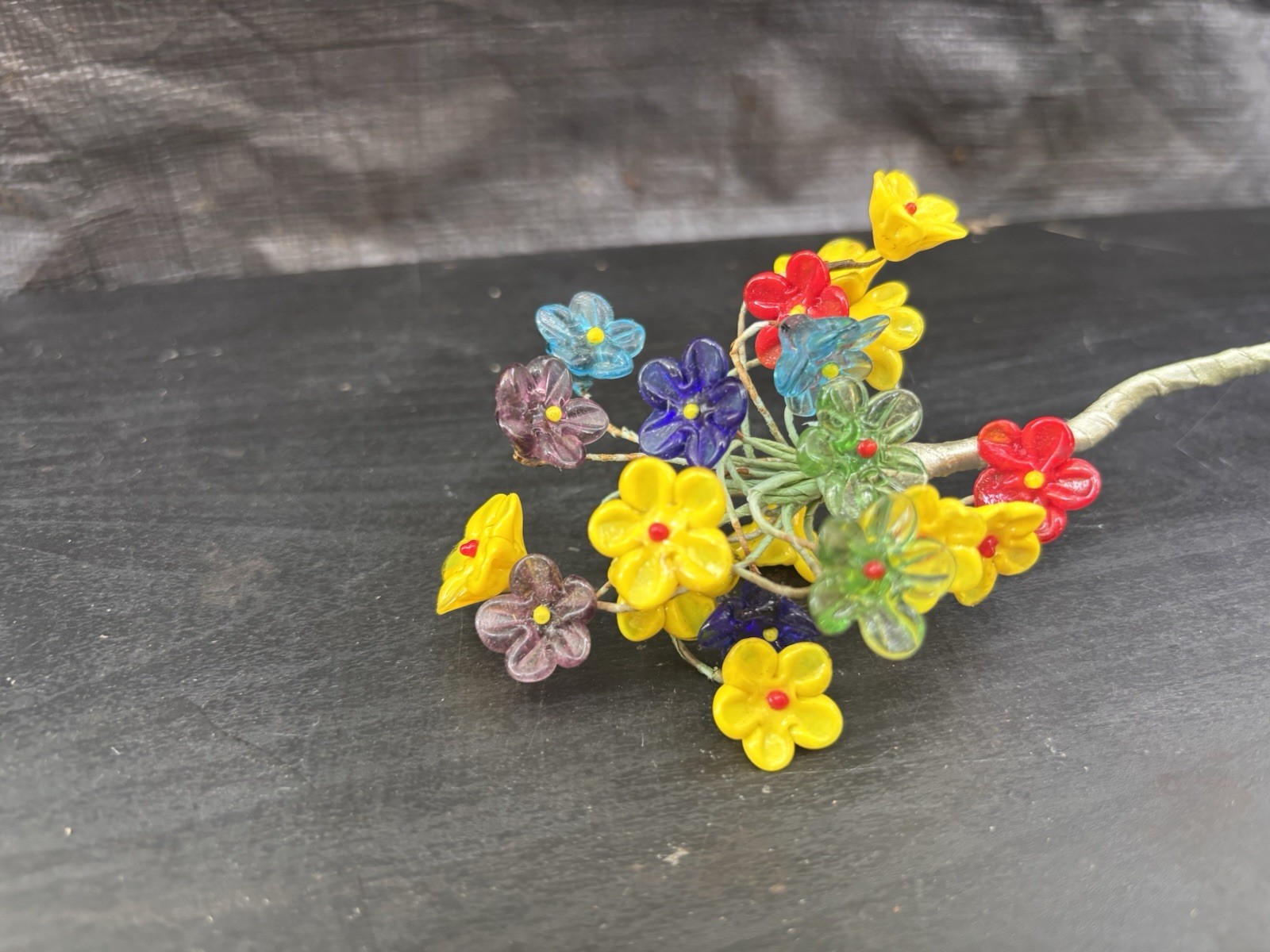 20 Mini Czech Glass Flowers Wire Stem Bouquet Red Blue Yellow Green Purple