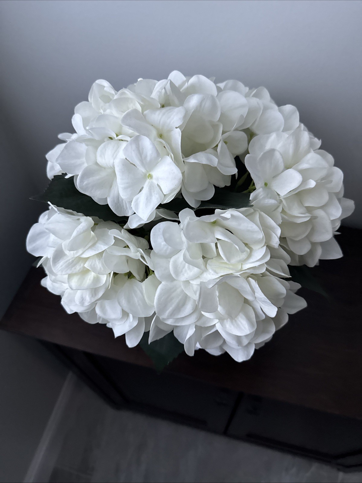 Contemporary Spring Faux Arrangement -White Hydrangea In Pottery Vase