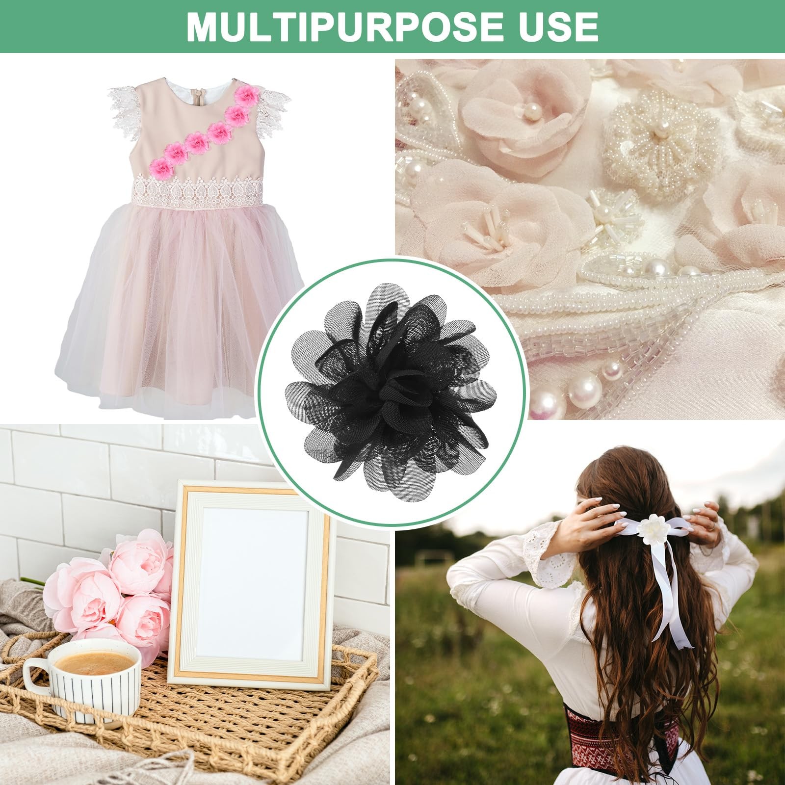12-Pack Chiffon Flowers 1.97 Inch Mesh Fabric Hair Clips Decor Black