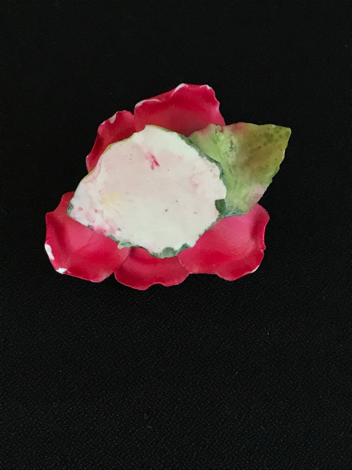VINTAGE PORELAIN RED ROSE FLOWER WITH GREEN LEAF, ITALY