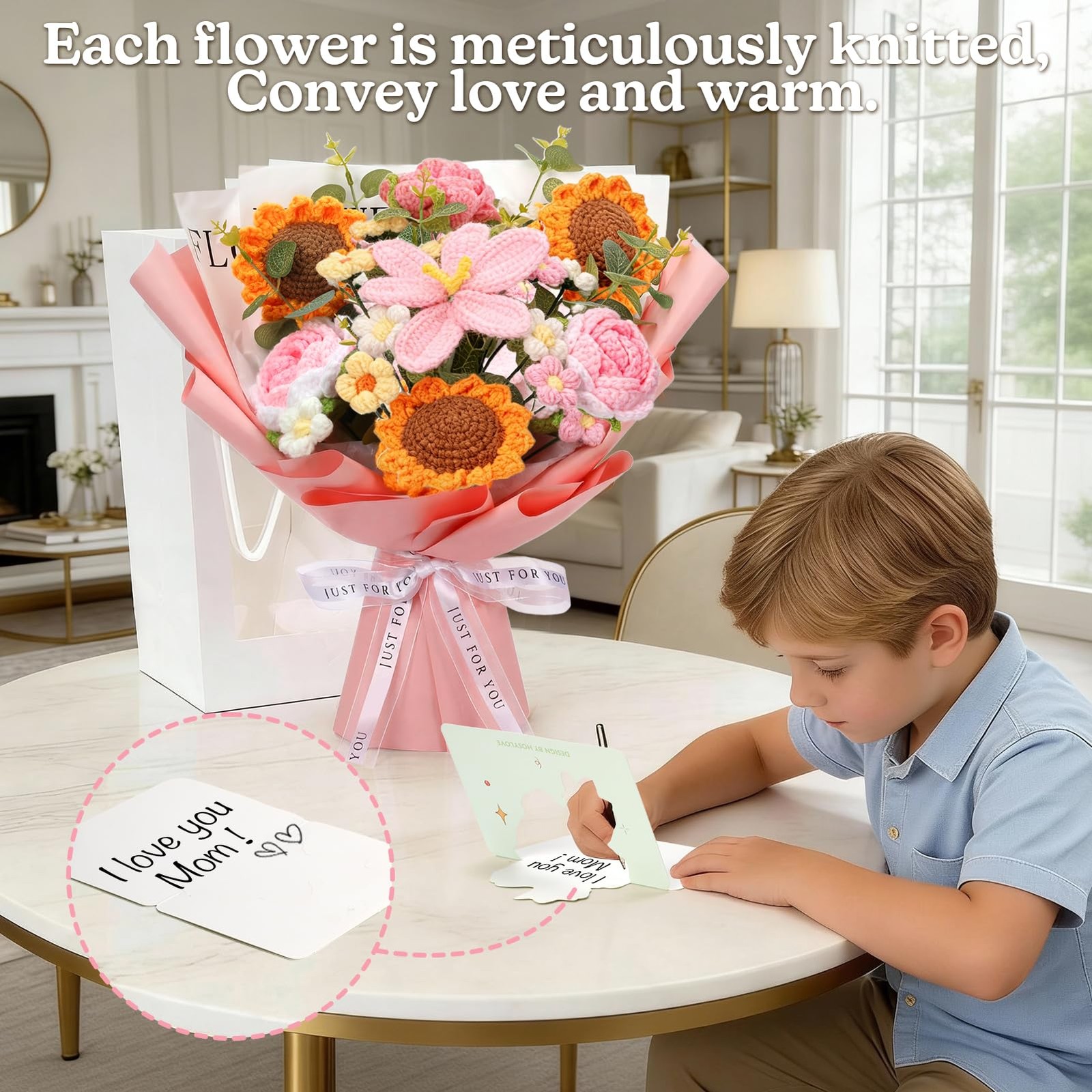 Hand-Made Crocheted Flower Bouquet, 24 Flowers and 15″ Tall, Taller and Plump…