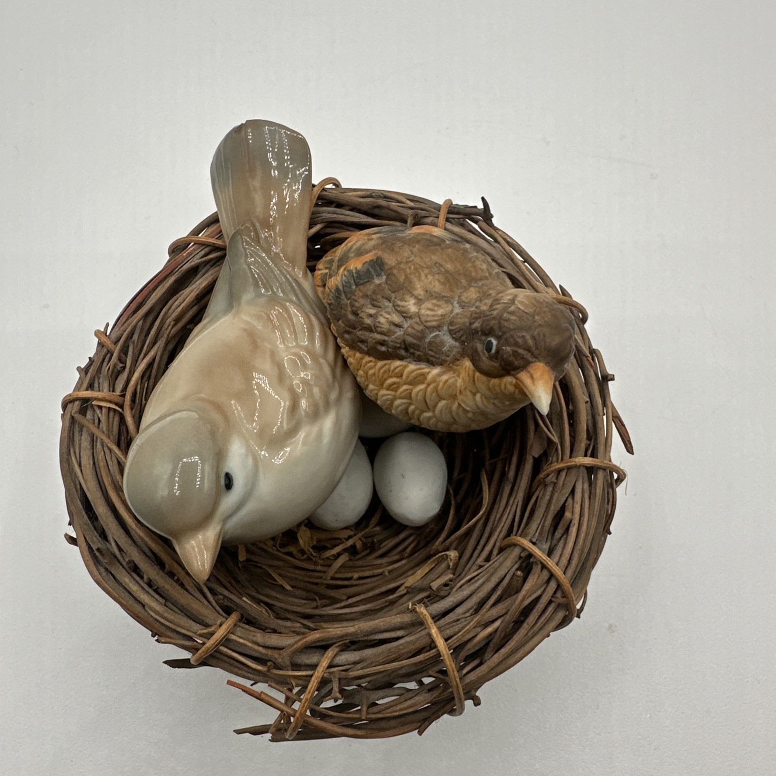 Vintage Porcelain Bird Nest Figurine Set 2 Birds 3 Eggs Woven Twig Nest Decor