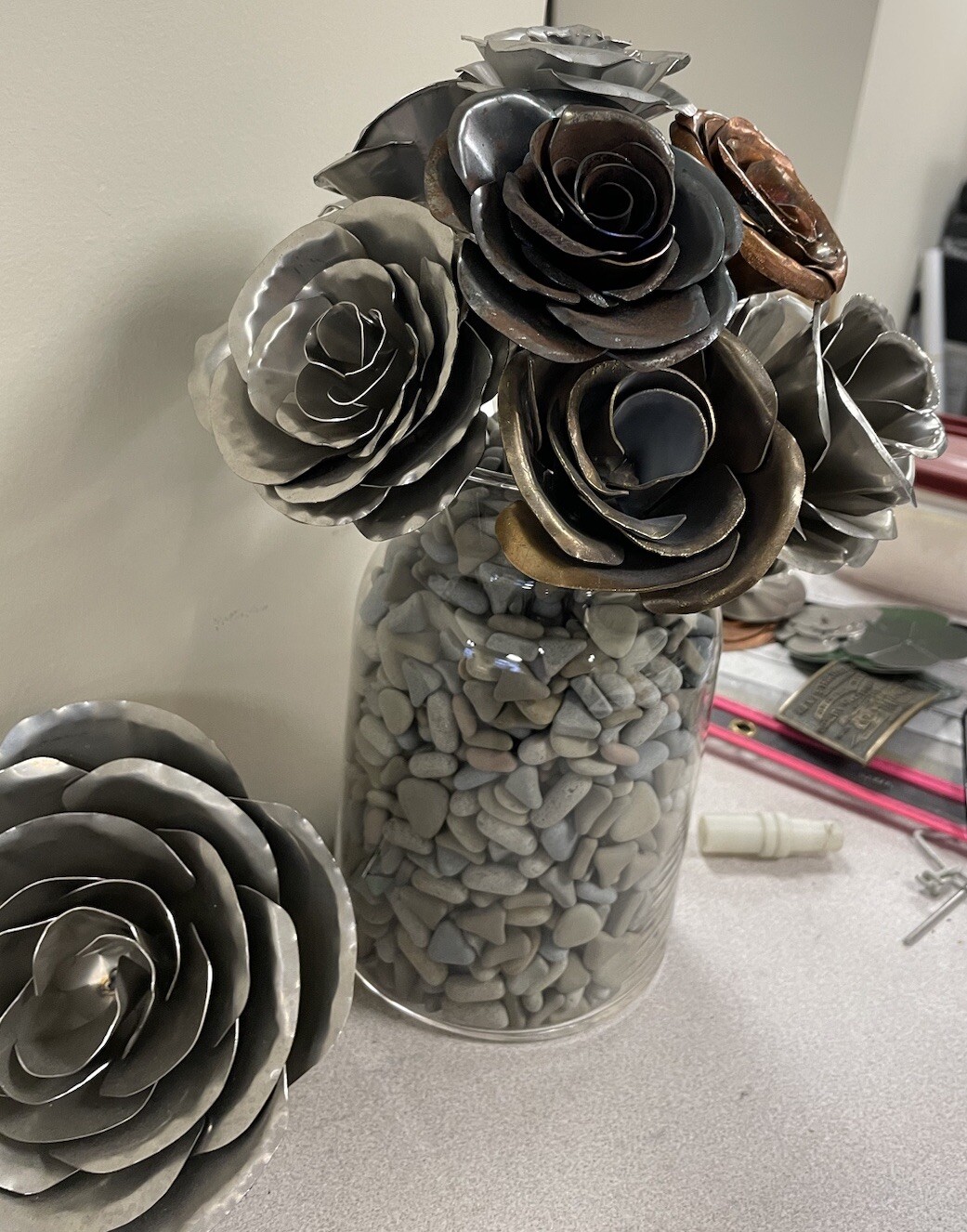 Metal Rose Bouquet, handcrafted, bent, and welded with Stems $100/6 Roses.