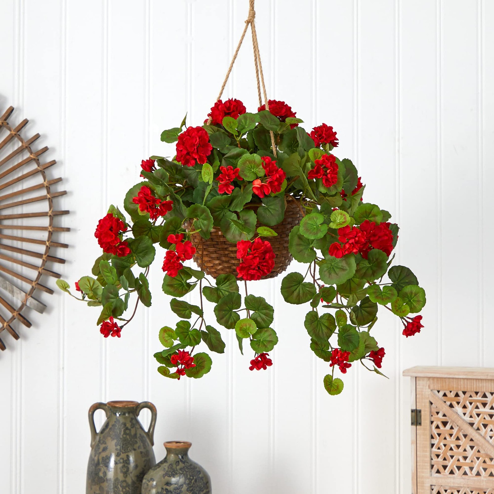 6609 RD 24In. Geranium Hanging Basket Silk Plant RED Home