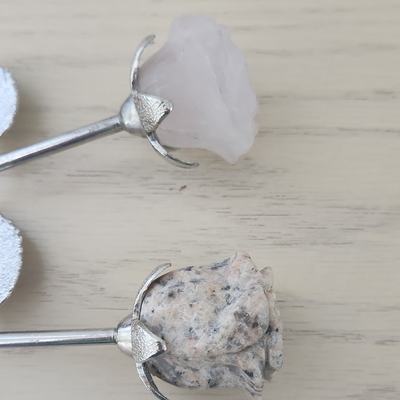 2pc Artificial Rose Flower Stems Metal & Stone, Silver Pink Beige, 8 in