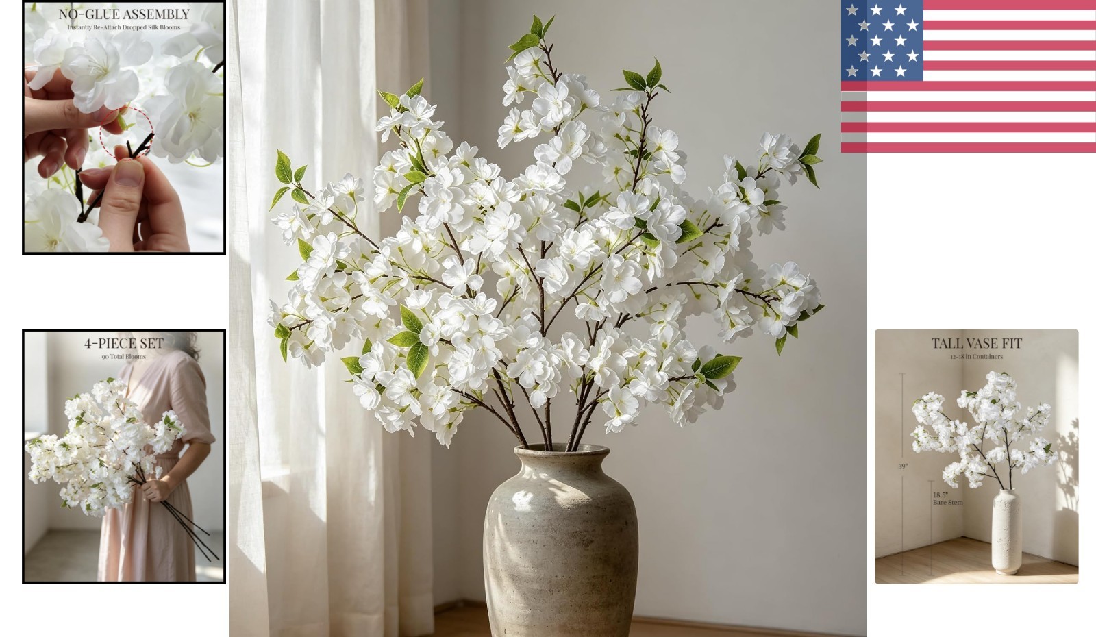 Faux Cherry Blossom Branches with Reattachable Blooms – 39 in for Stunning Vases