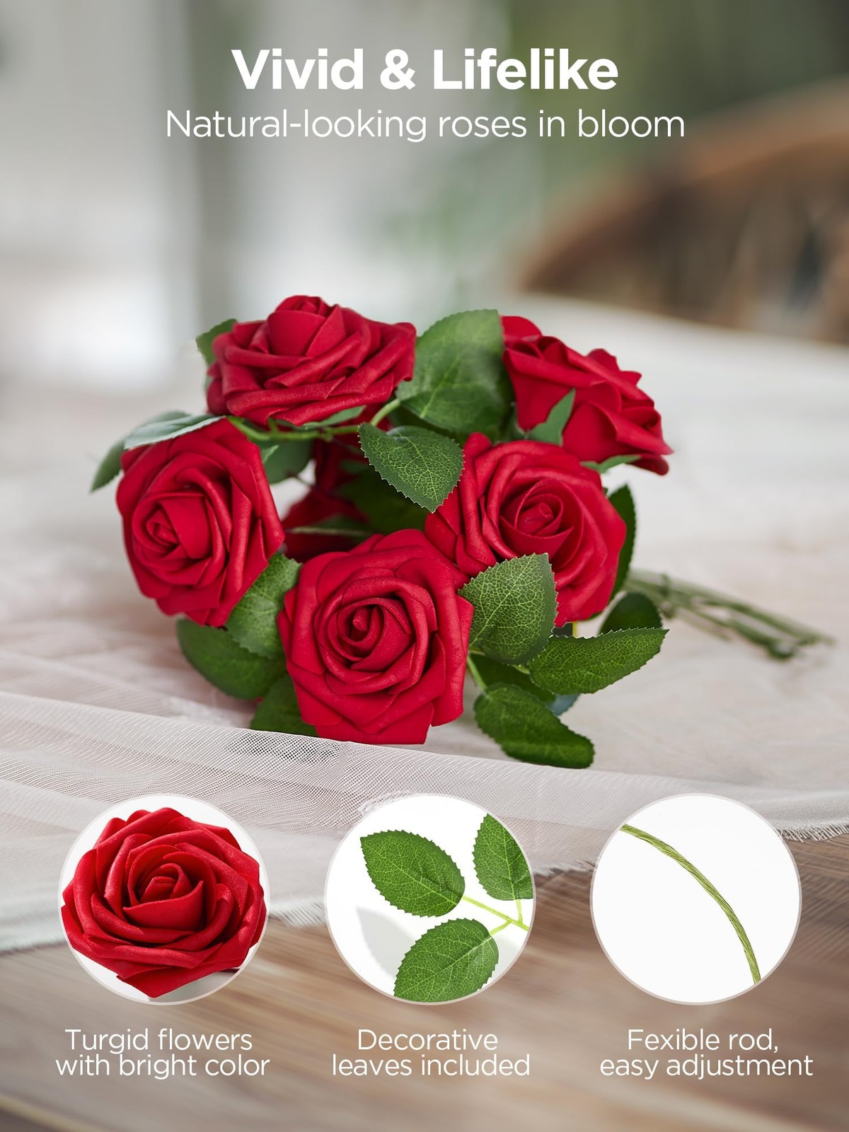 Artificial Flowers, 50 Pcs Dark Red Foam Fake Roses Bulk with Stems for Mothe