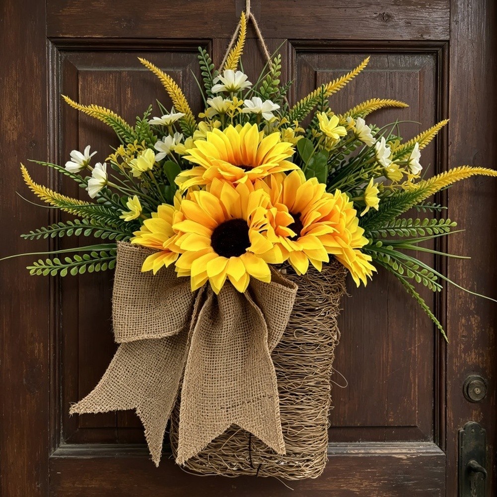 Plastic Sunflower Basket 35cm Handmade Autumn Wreath for Home Office Decor