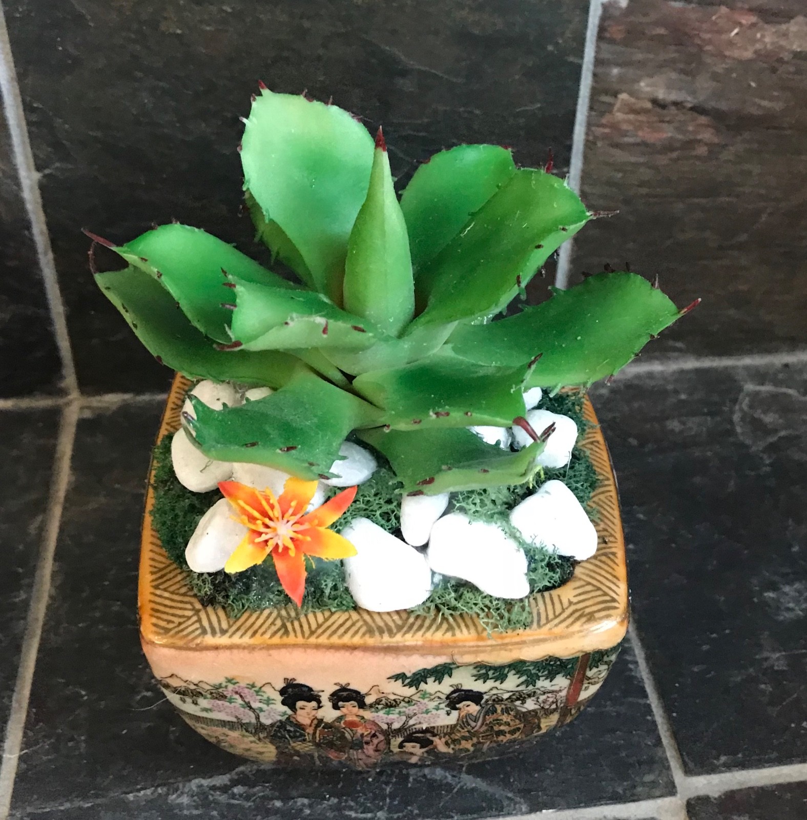 Artificial Green Grass Succulent Planter in a Satsuma Bowl with Geishas
