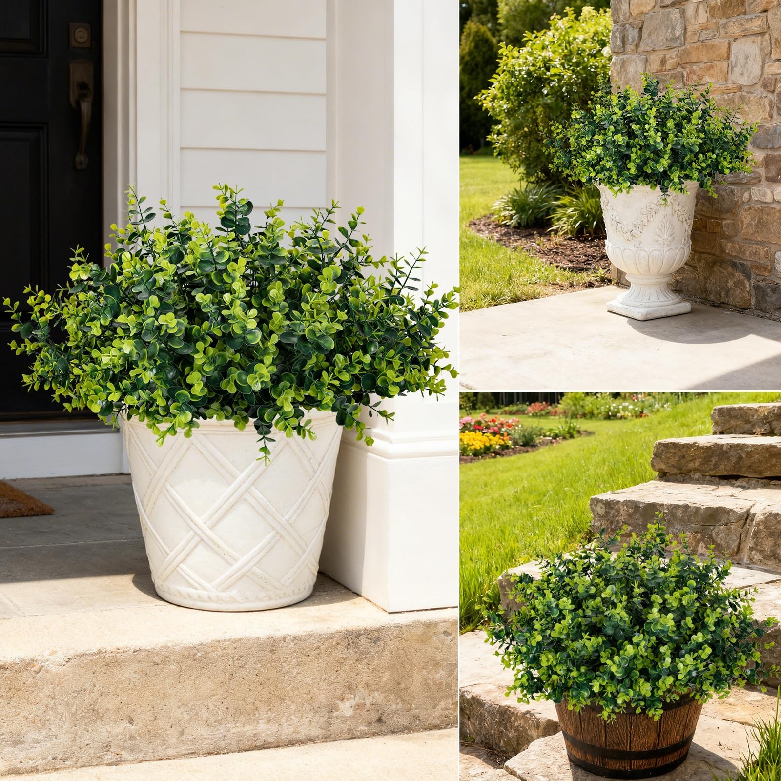 17 Inch Artificial Plants Outdoor Faux Shrubs Eucalyptus Boxwood Grass UV Res…