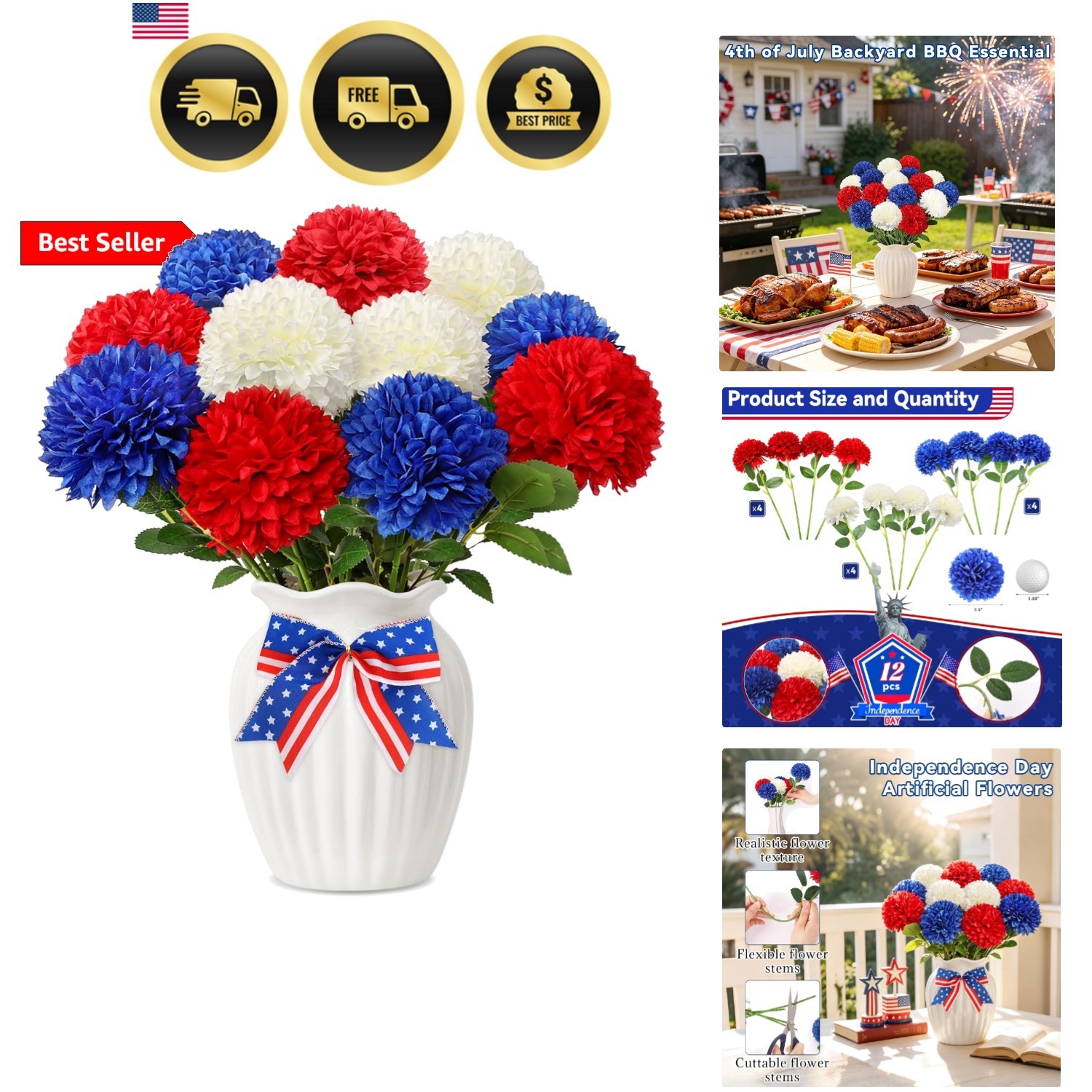 12 Pcs Artificial Chrysanthemums Flowers Patriotic Flower, 4th of July Fake M…